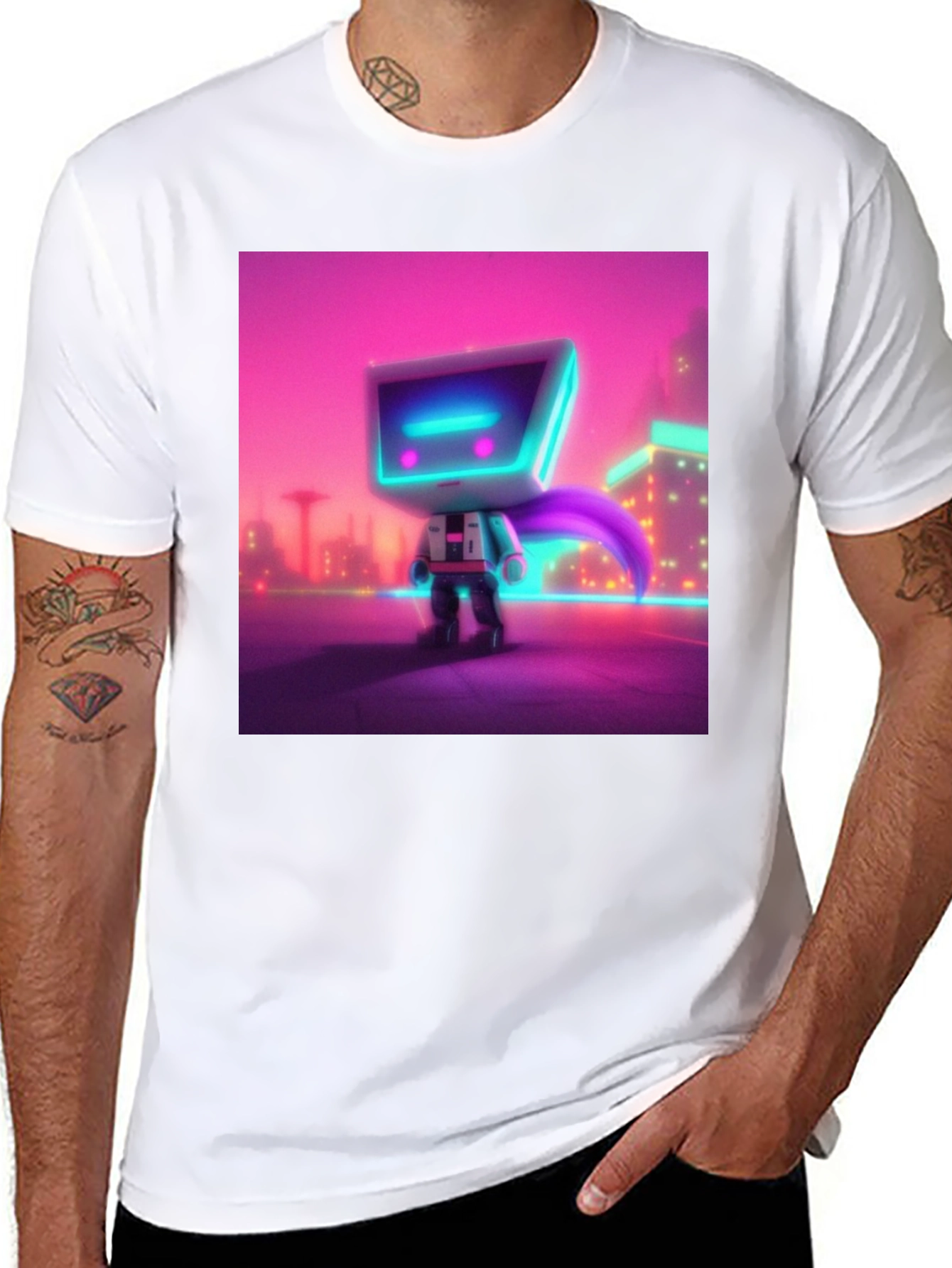 Black Cyberpunk Robot T-Shirt - Neon City Hero view 8