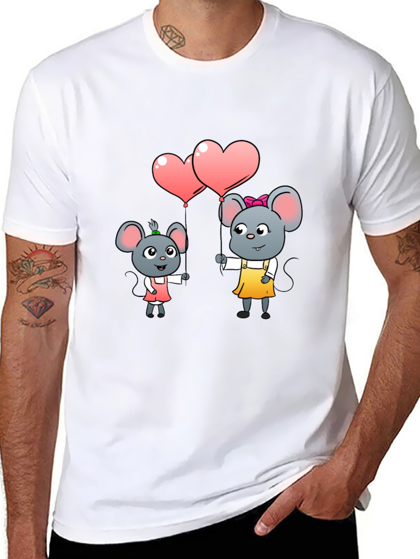 Black Cute Cartoon Mice Heart Balloons Graphic Tee view 8