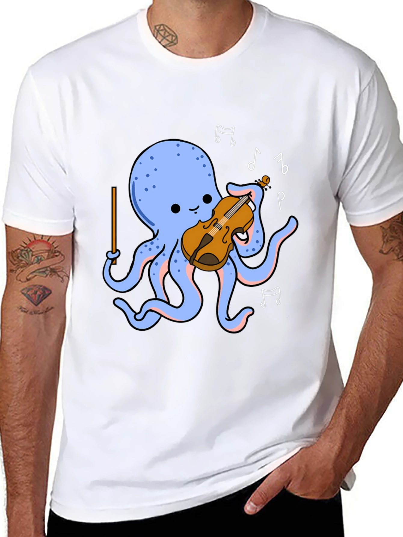 Black Octopus Musician T-Shirt - Cute Cartoon Violin Player Tee view 8