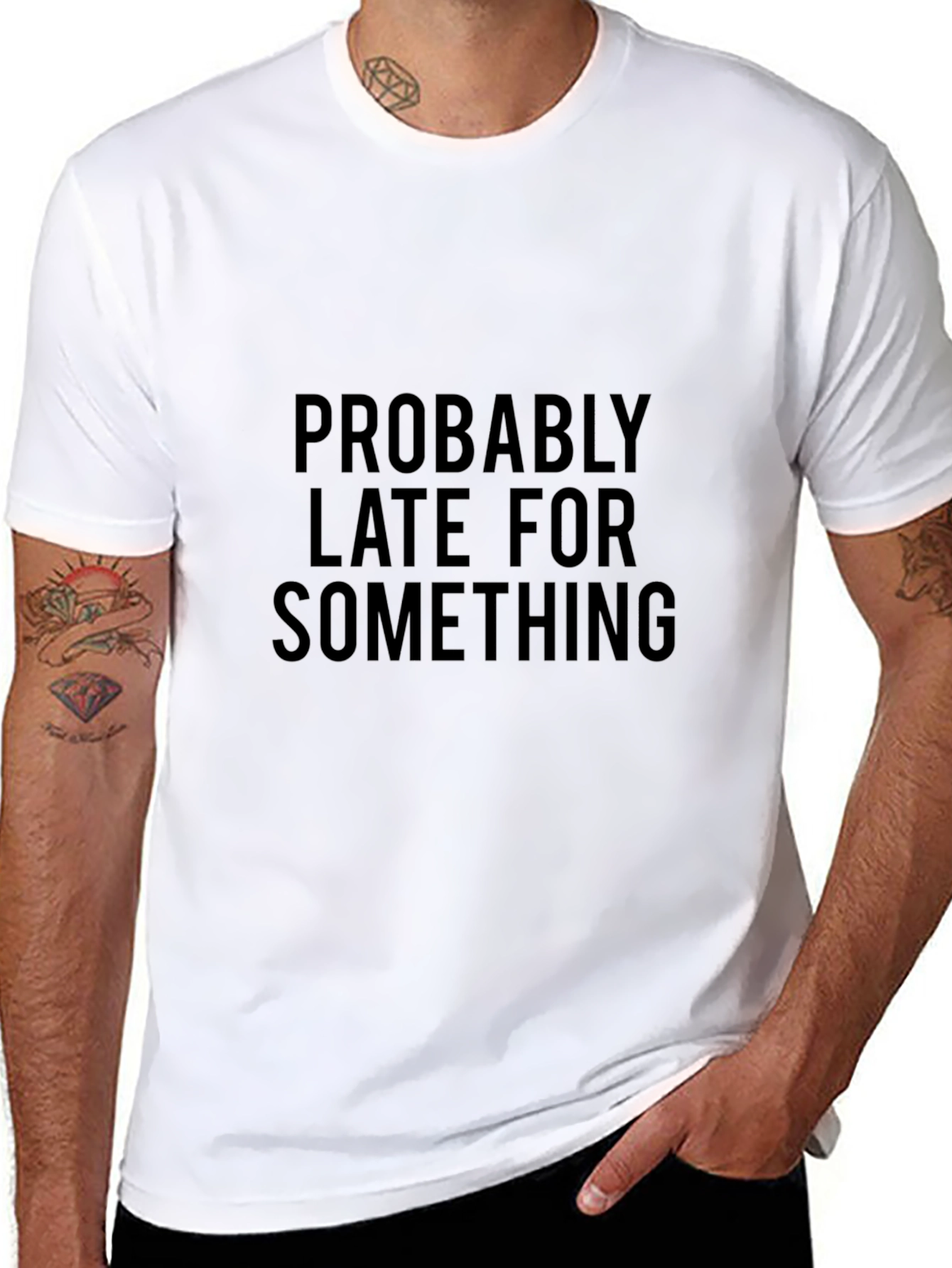 Black Funny "Probably Late" Black Cotton T-Shirt view 8
