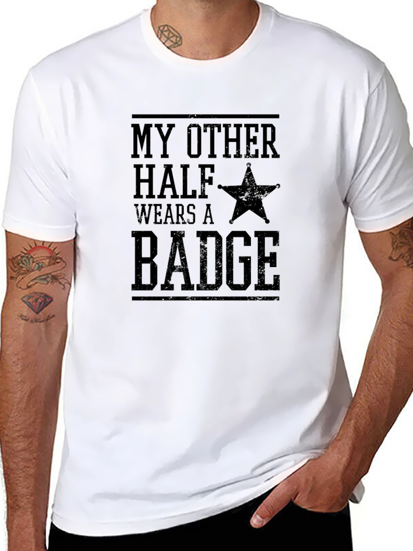 Black My Other Half Wears A Badge Graphic Tee view 8