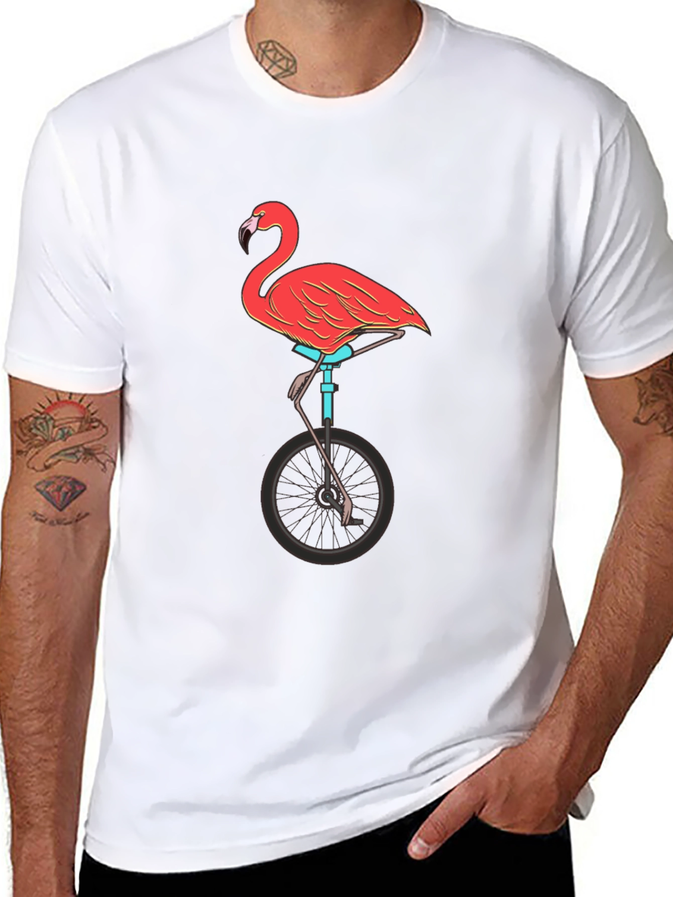 Black Flamingo on Unicycle Graphic Tee - Funky Unisex T-Shirt view 8