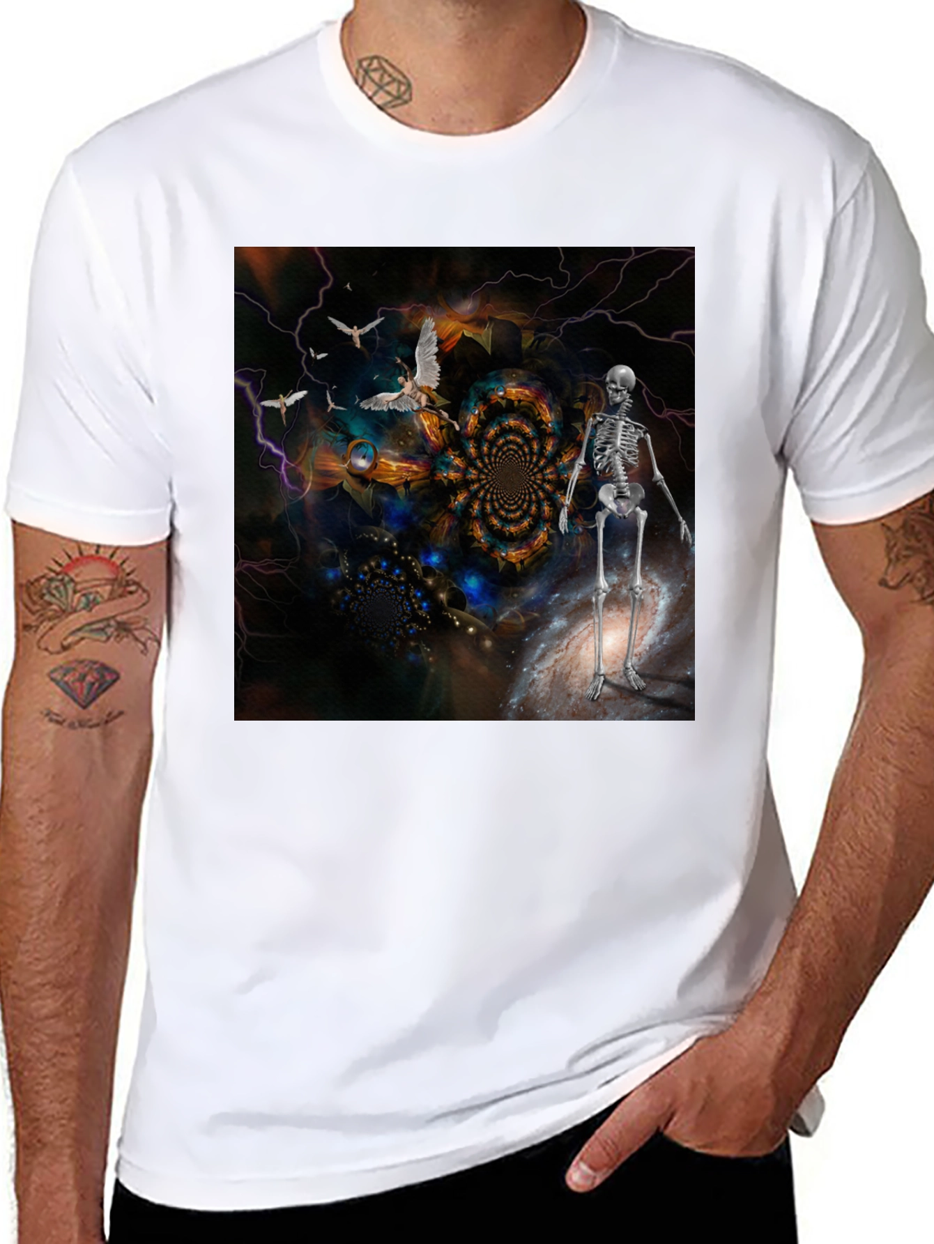 Black Surreal Skeleton Art T-Shirt view 8