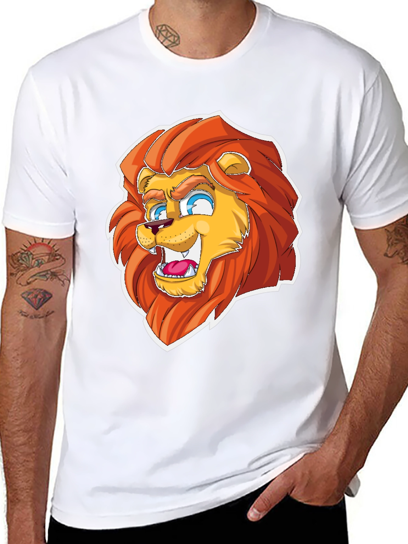 Black Cartoon Lion Graphic Tee - Black Cotton Blend view 8