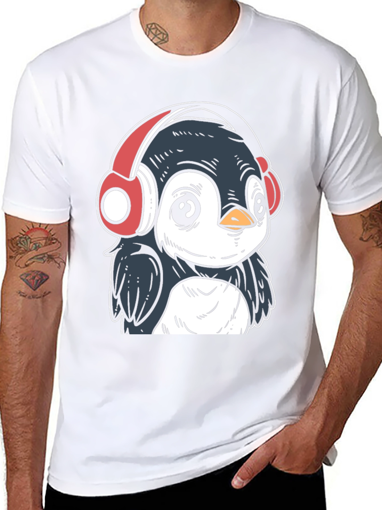 Black Penguin Headphones Graphic Tee - Cool Black T-Shirt view 8