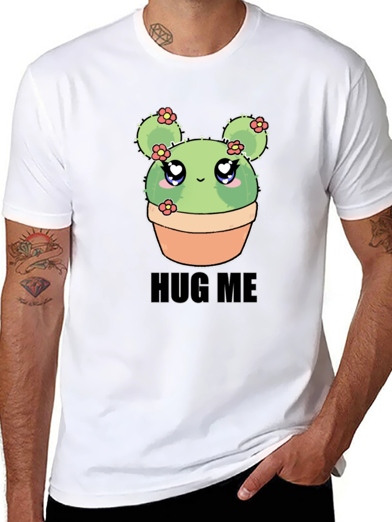 Black Cute Cactus Hug Me T-Shirt - Kawaii Plant Tee view 8