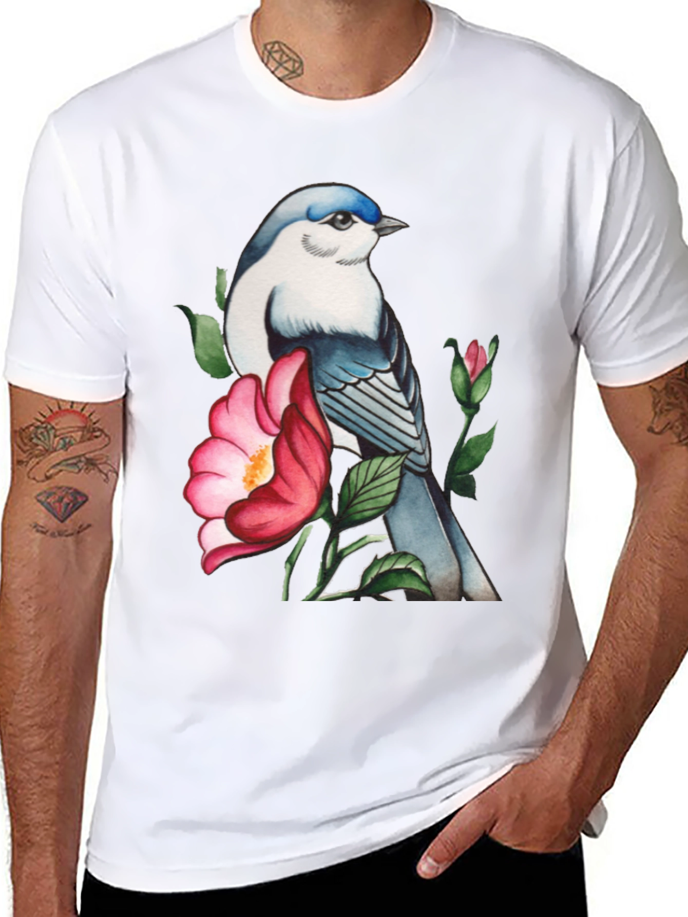Black Bird and Blossom Graphic Tee - Stylish Nature Design view 8