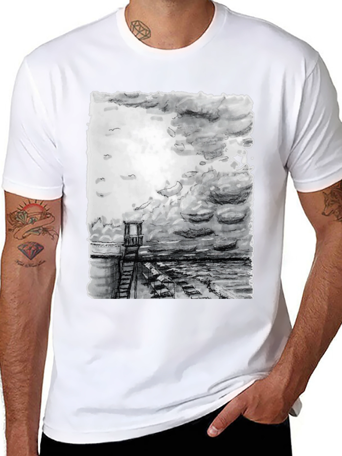 Black Monochrome Coastal Tower Graphic T-Shirt view 8