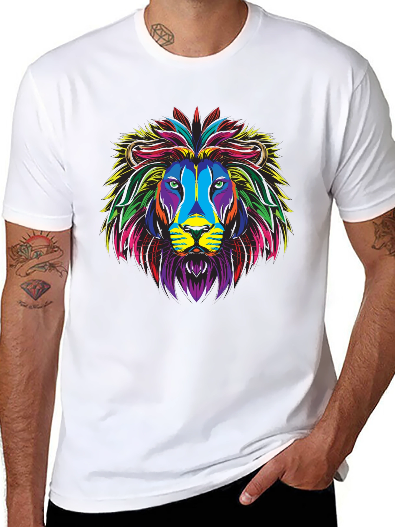 Black Colorful Lion Graphic Print Black T-Shirt view 8