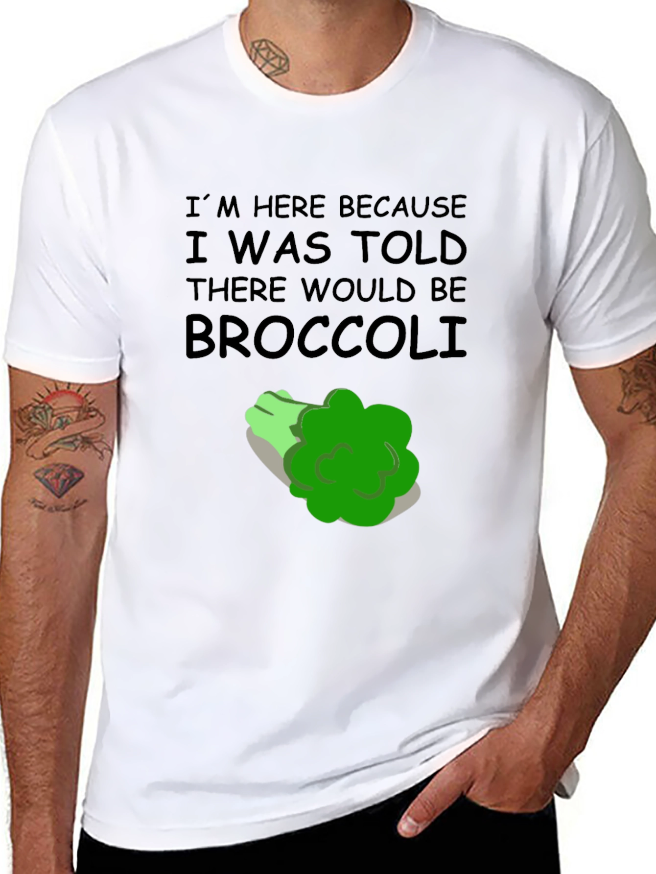 Black Broccoli T-Shirt: I'm Here Because Broccoli Humor view 8