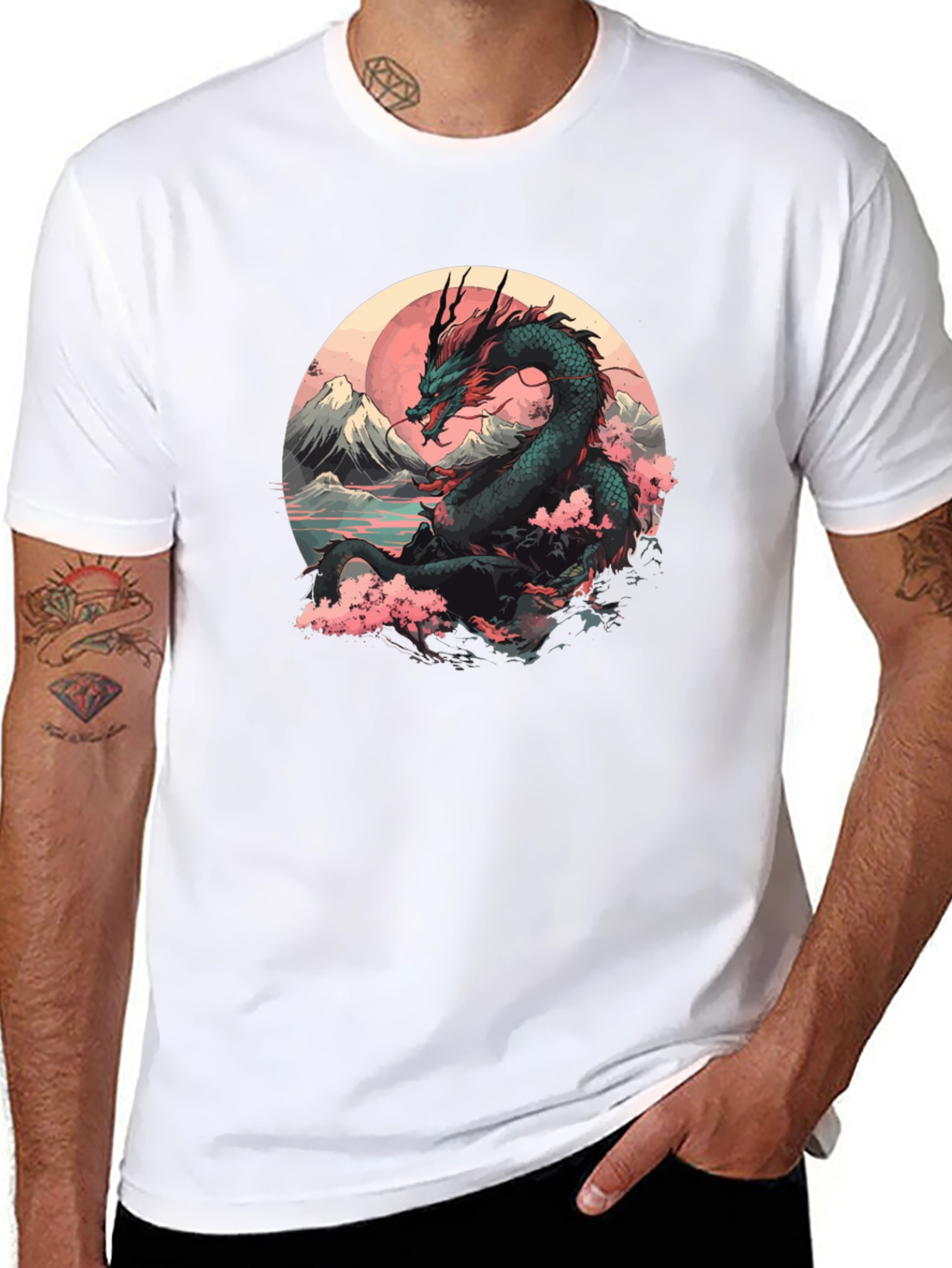 Black Dragon & Sakura Blossom Graphic Black T-Shirt view 8