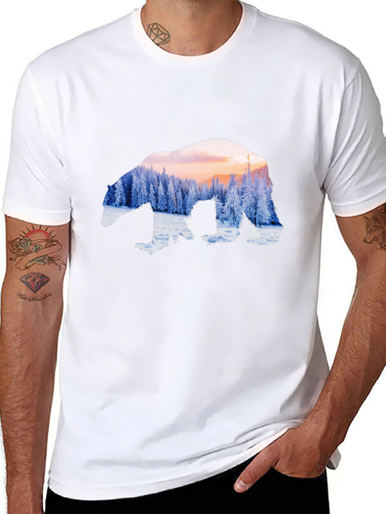 Black Bear Silhouette Winter Forest Graphic Tee view 8
