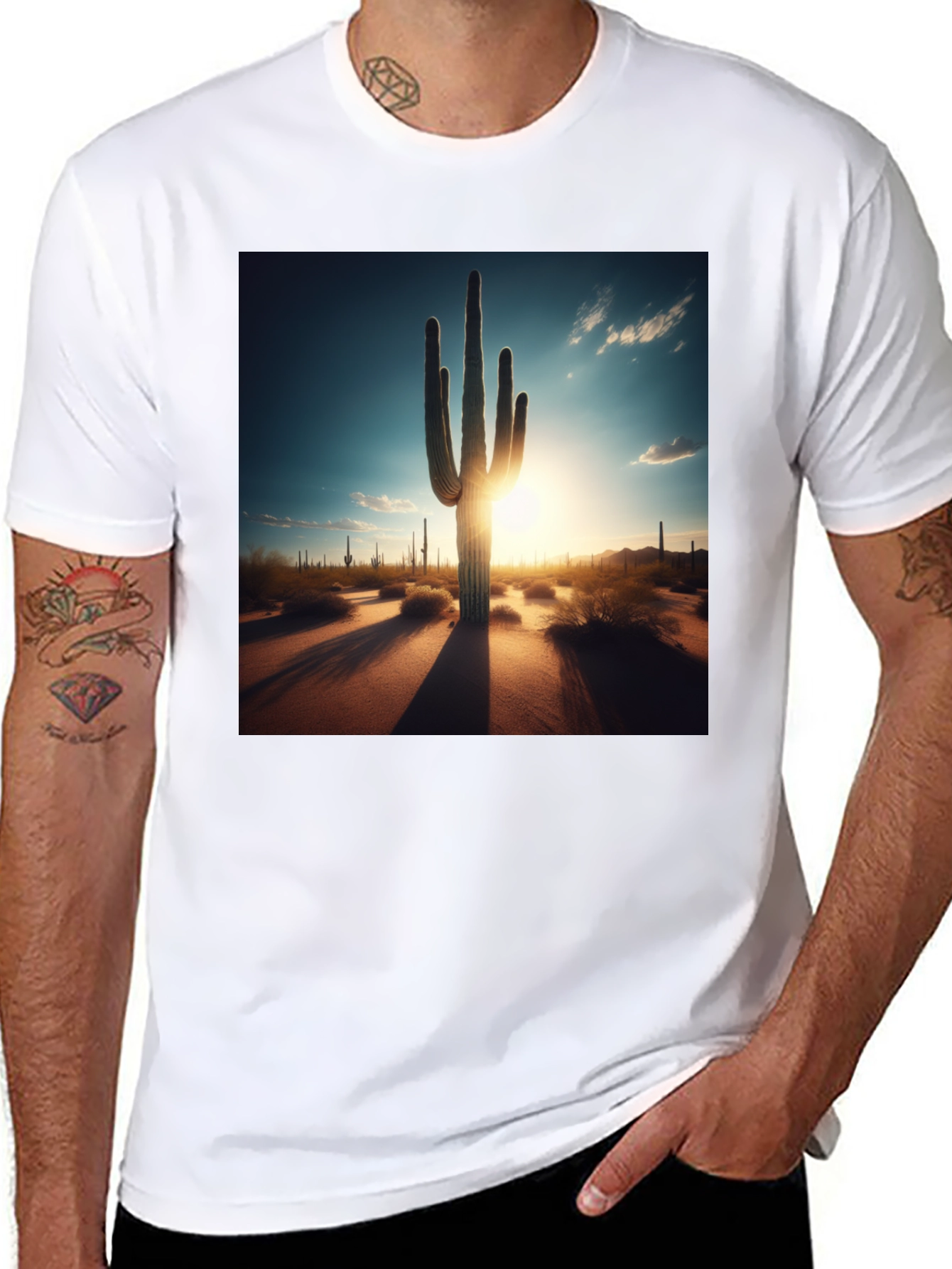 Black Desert Sunset Cactus Graphic Tee - Black Cotton T-Shirt view 8