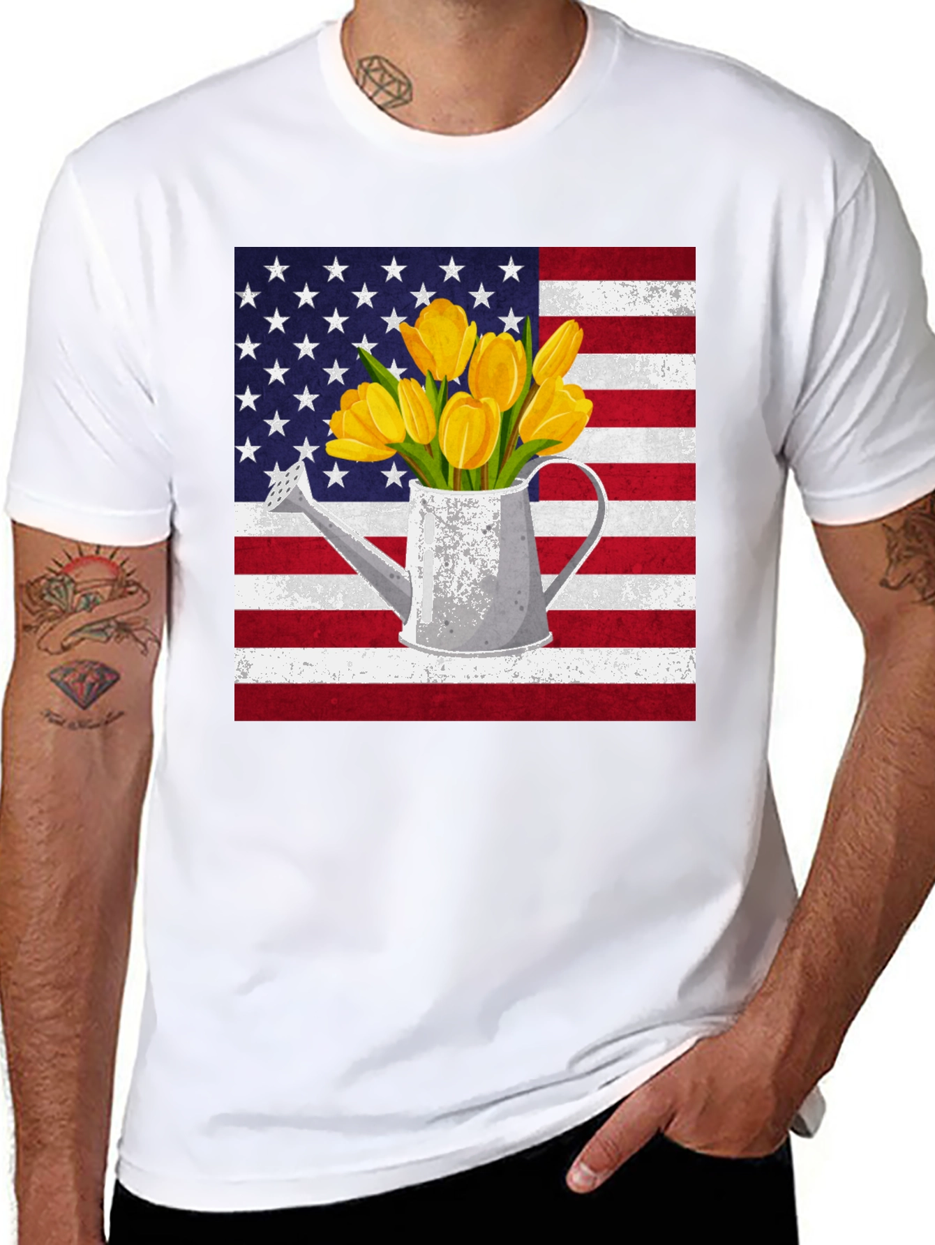 Black American Flag Tulips Watering Can Graphic Tee view 8