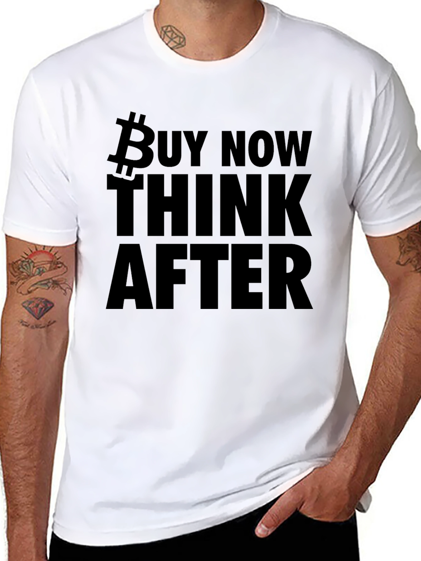 Black Bitcoin Buy Now Think Later Black T-Shirt view 8