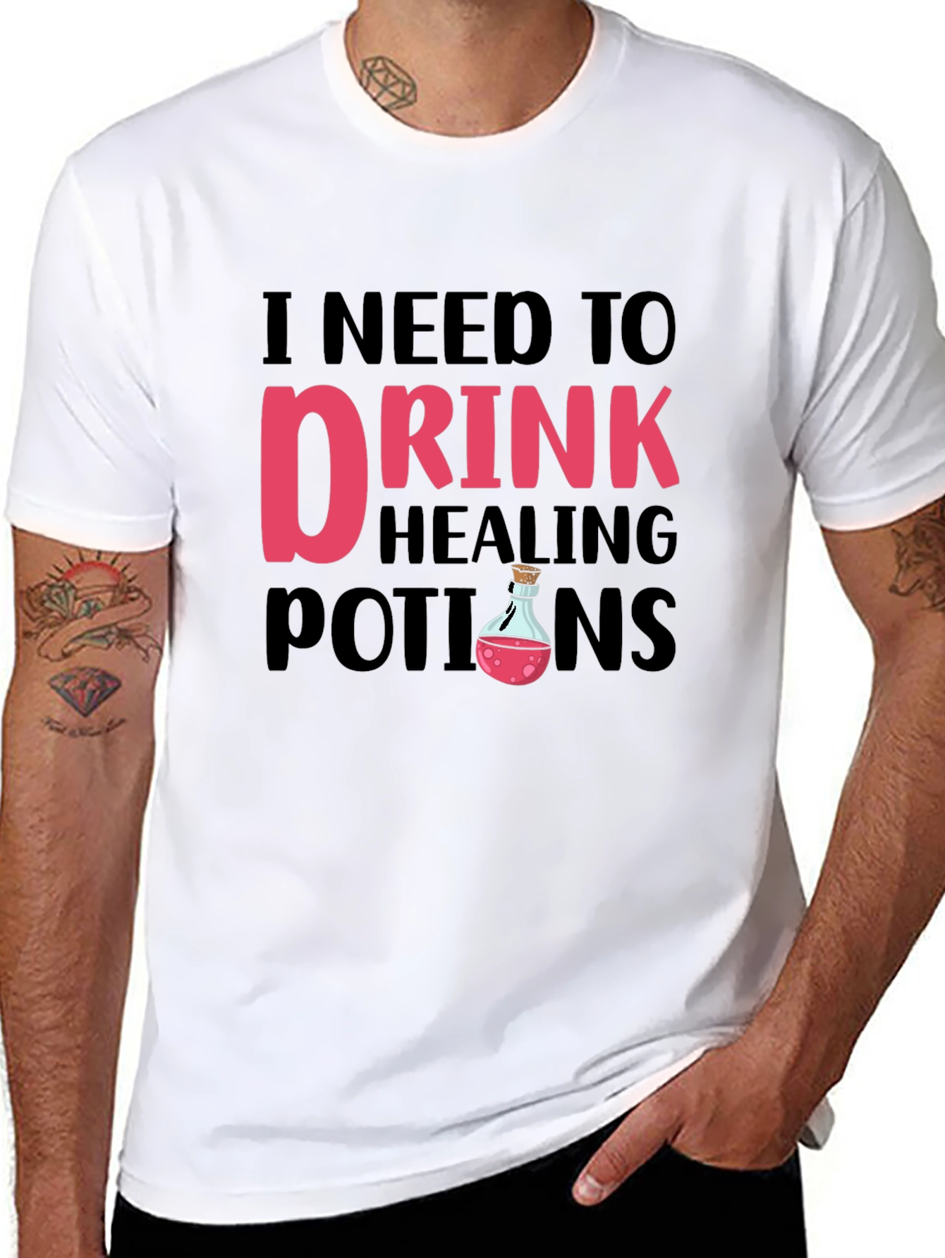 Black Funny 'I Need To Drink Healing Potions' Black T-Shirt view 8