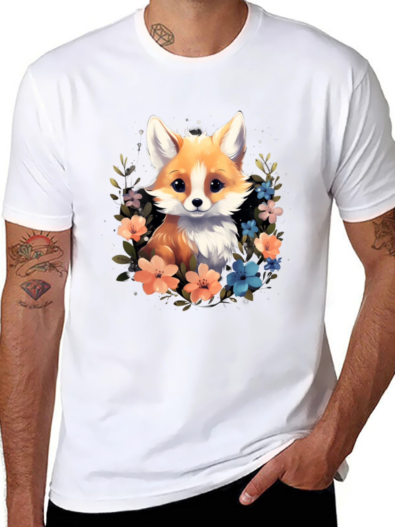 Black Cute Fox Floral Black T-Shirt view 8