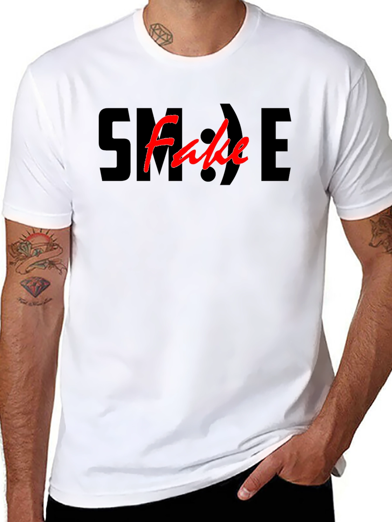 Black Fake Smile Graphic Tee - Black Cotton Casual T-Shirt view 8