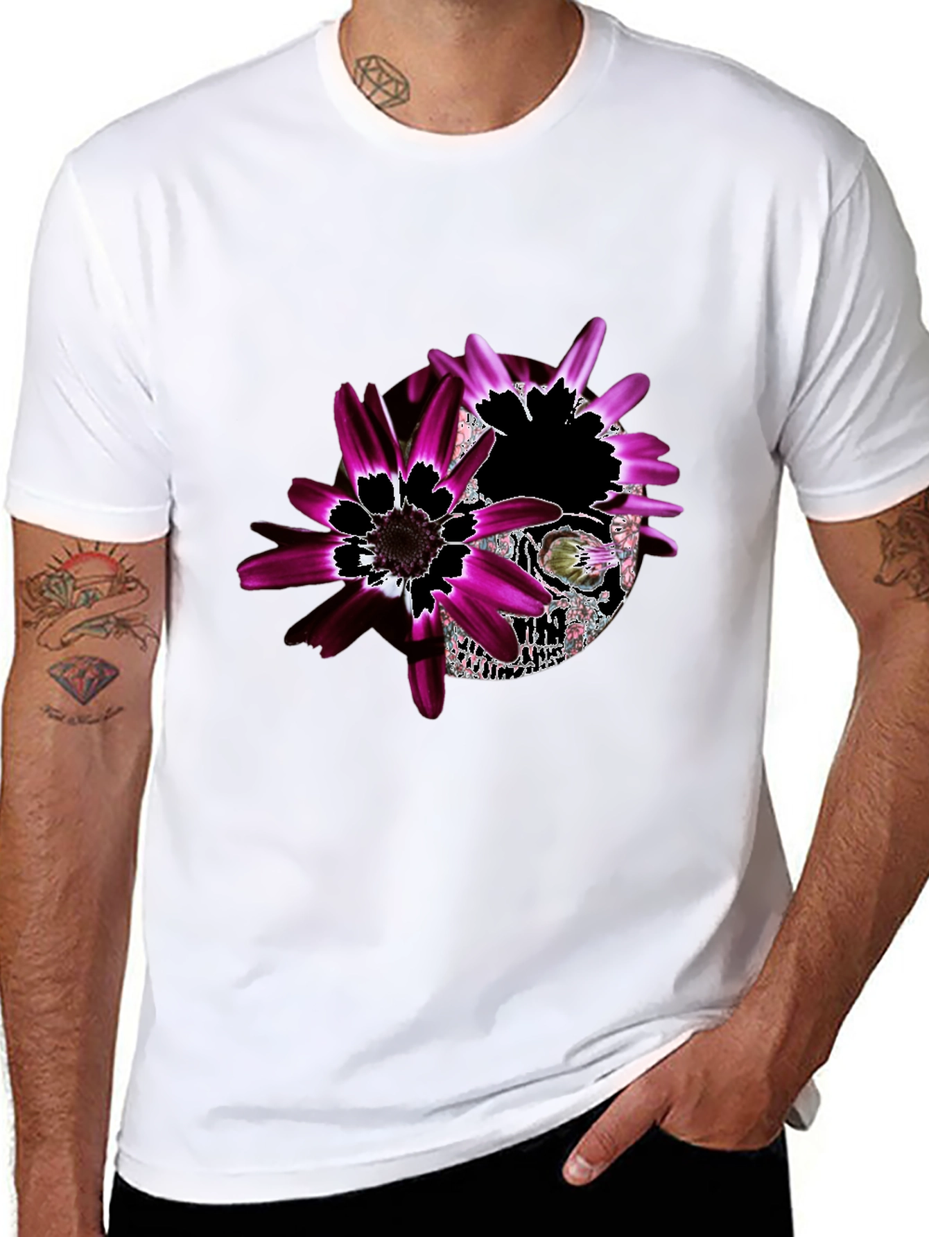 Black Floral Skull Graphic Black T-Shirt - Unique Design view 8