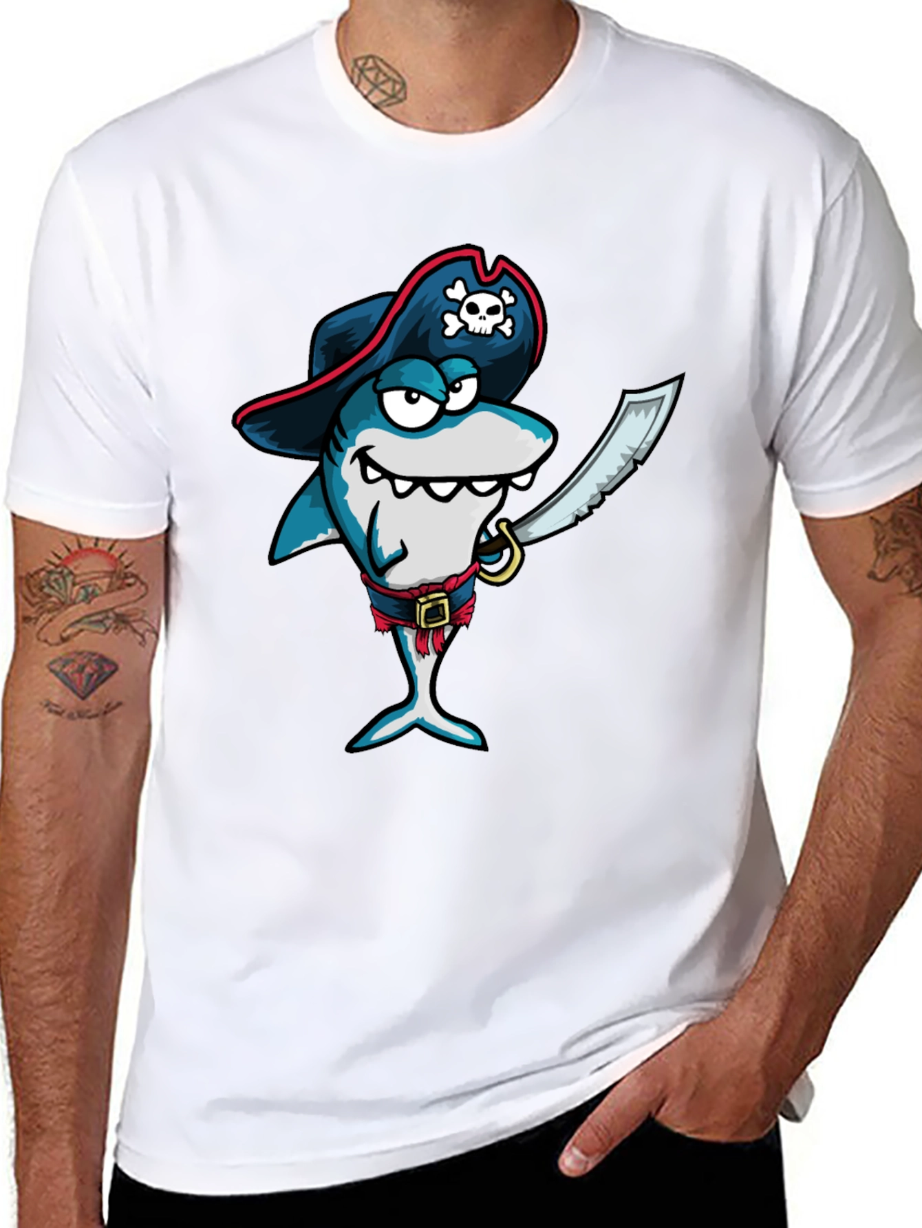 Black Pirate Shark Graphic Tee - Black Cotton T-Shirt view 8
