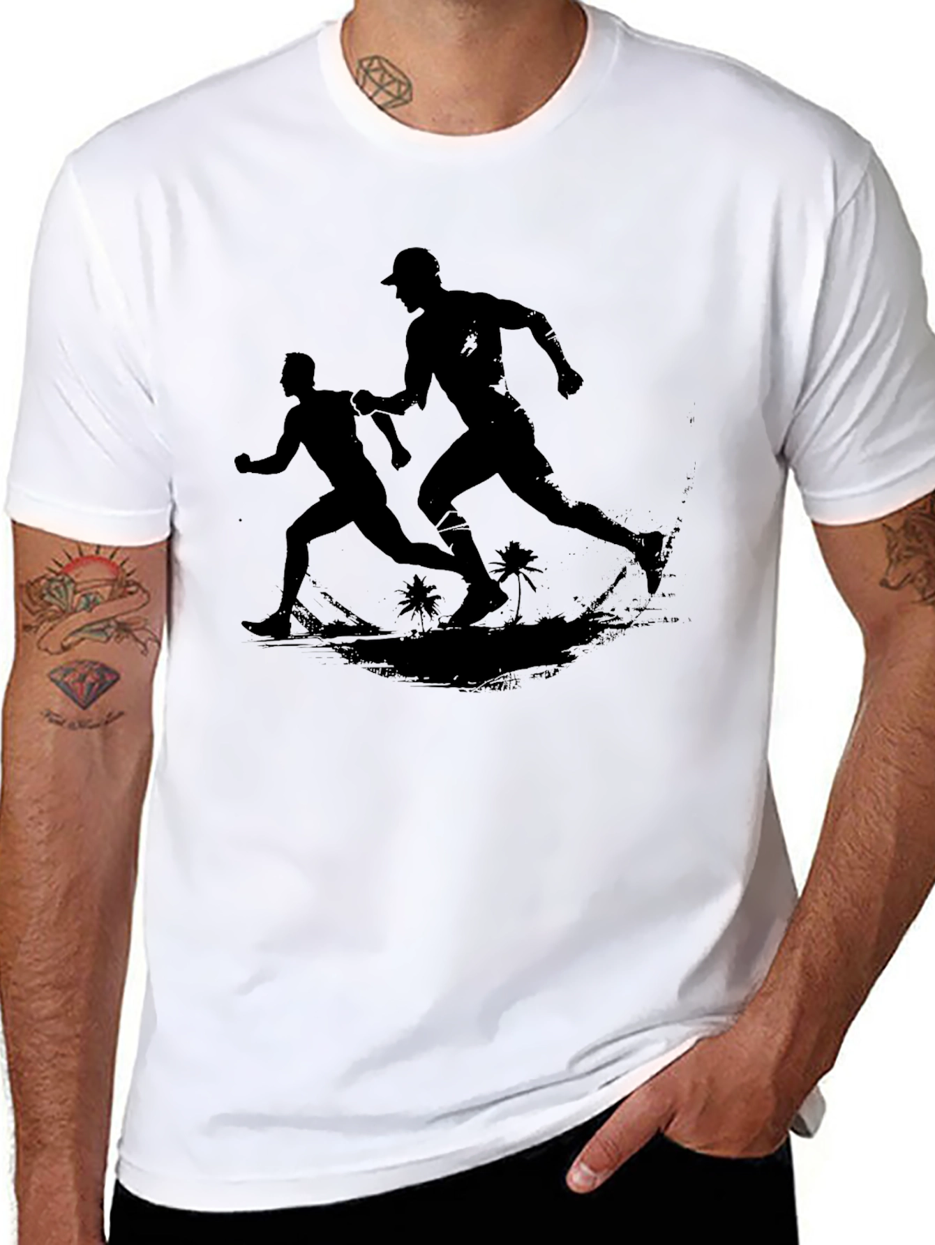 Men's Black Graphic Tee - Runners on Beach - 8