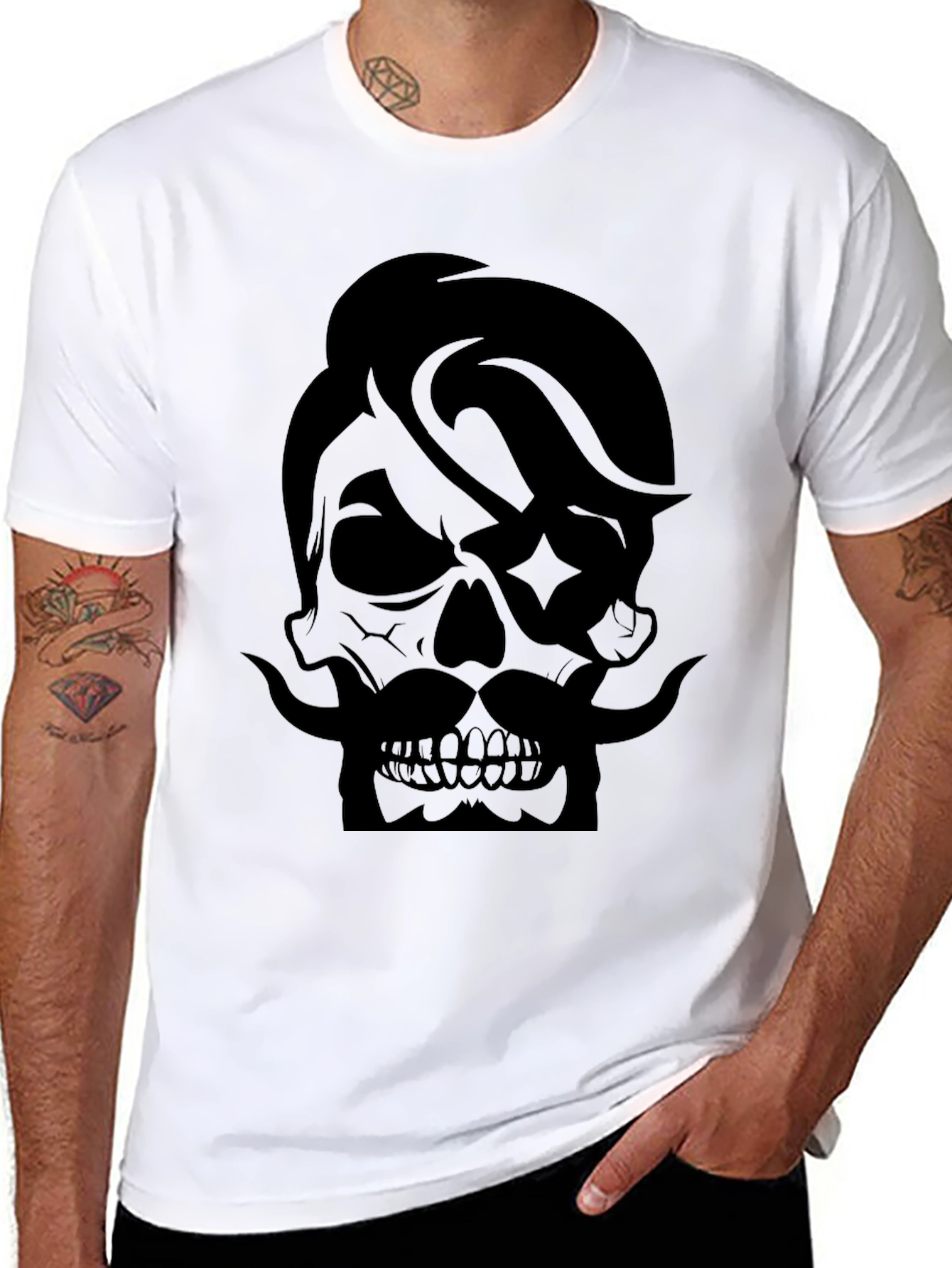 Black Skull with Mustache Graphic Tee - Cool Black T-Shirt view 8