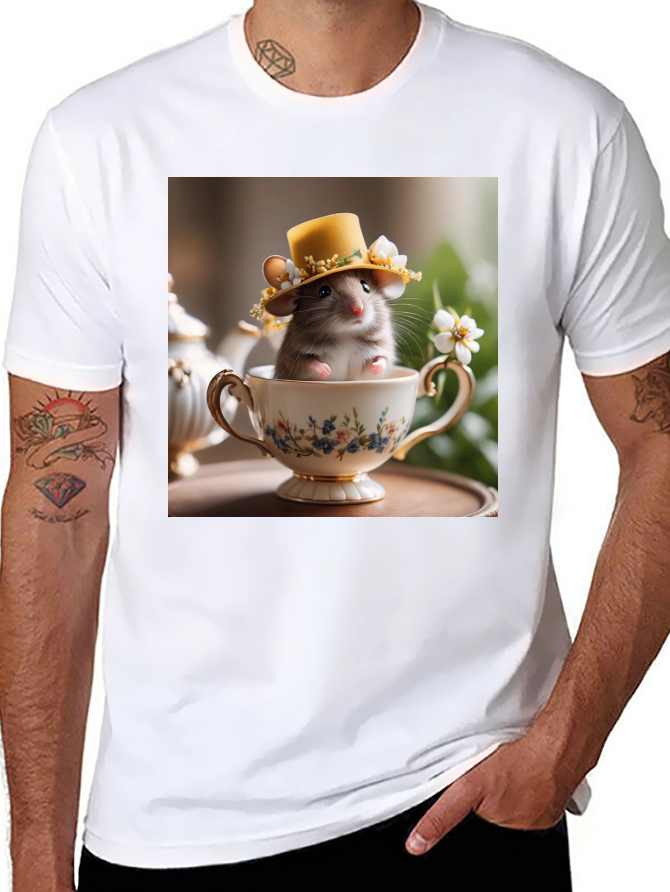 Black Cute Hamster in Teacup Graphic Tee view 8