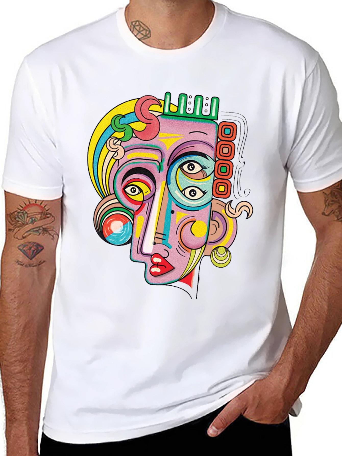 Black Abstract Face Graphic Tee - Unique Art T-Shirt view 8