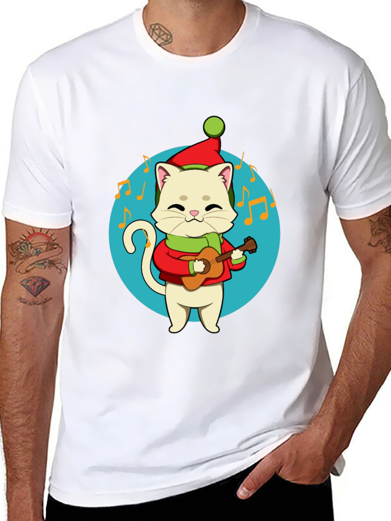 Black Festive Cat Guitarist Graphic Tee - Holiday Cheer! view 8