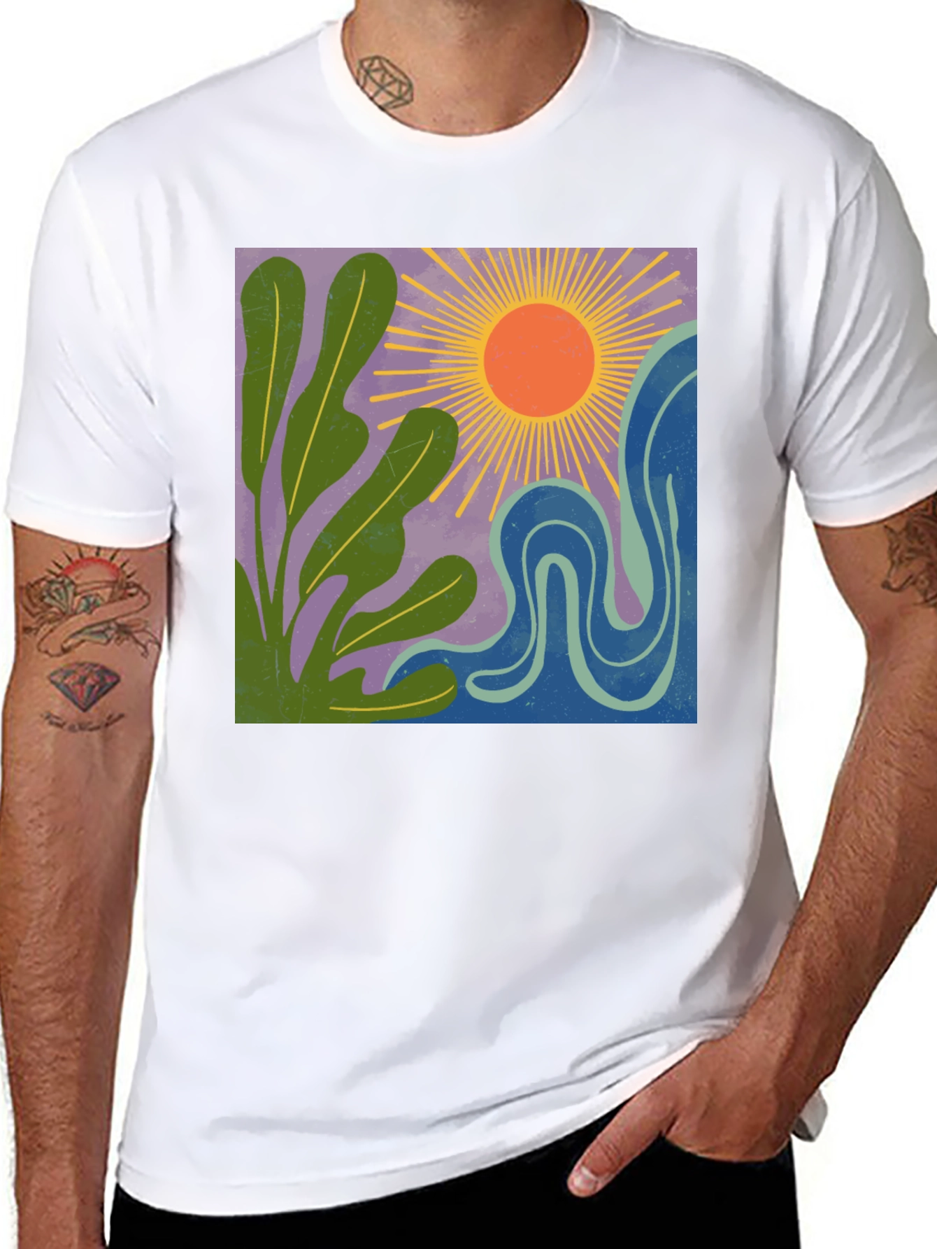 Black Abstract Sun & Plant Graphic Tee - Black Cotton Blend view 8