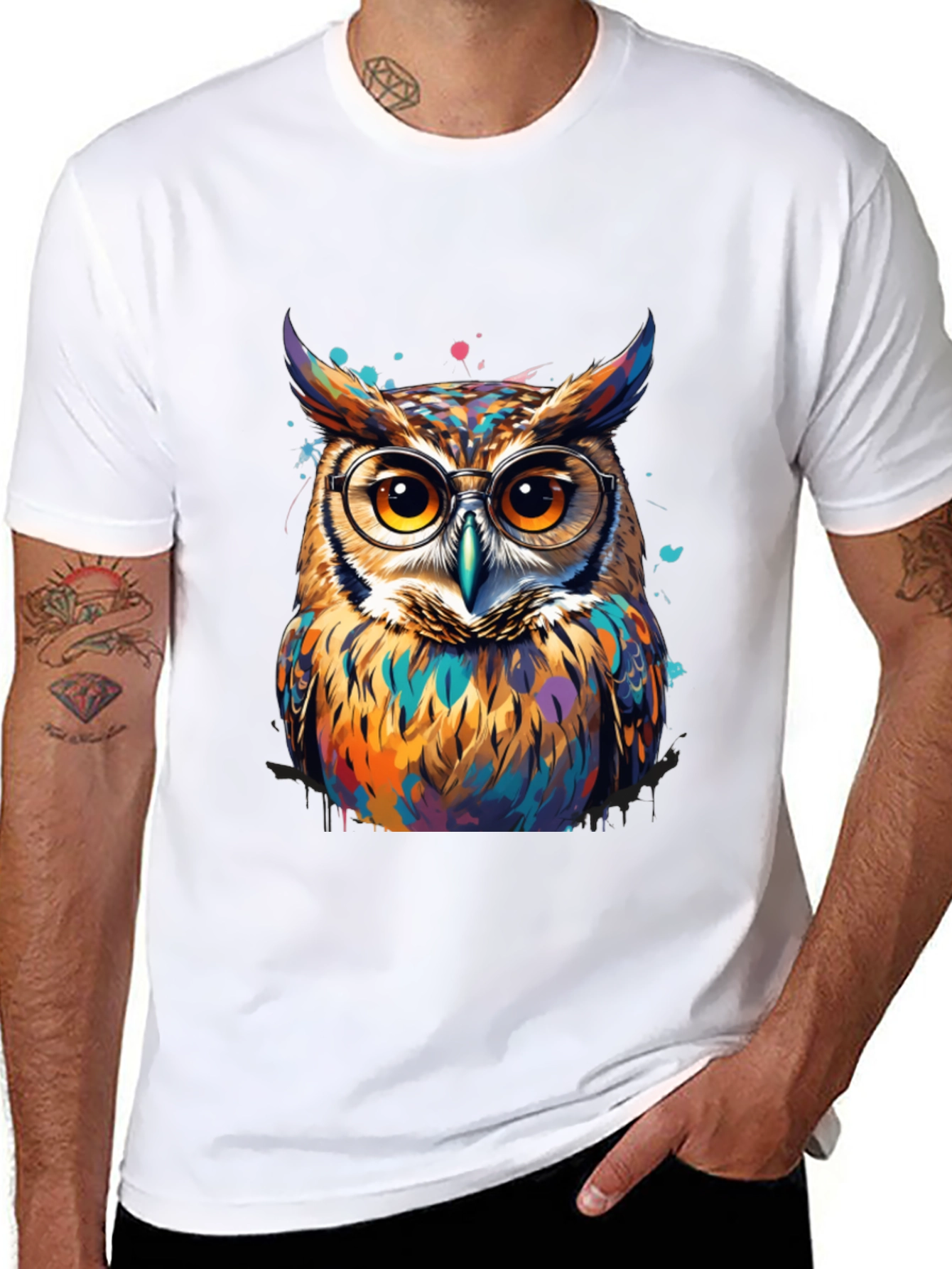 Black Colorful Owl Graphic Tee - Unisex Cotton T-Shirt view 8