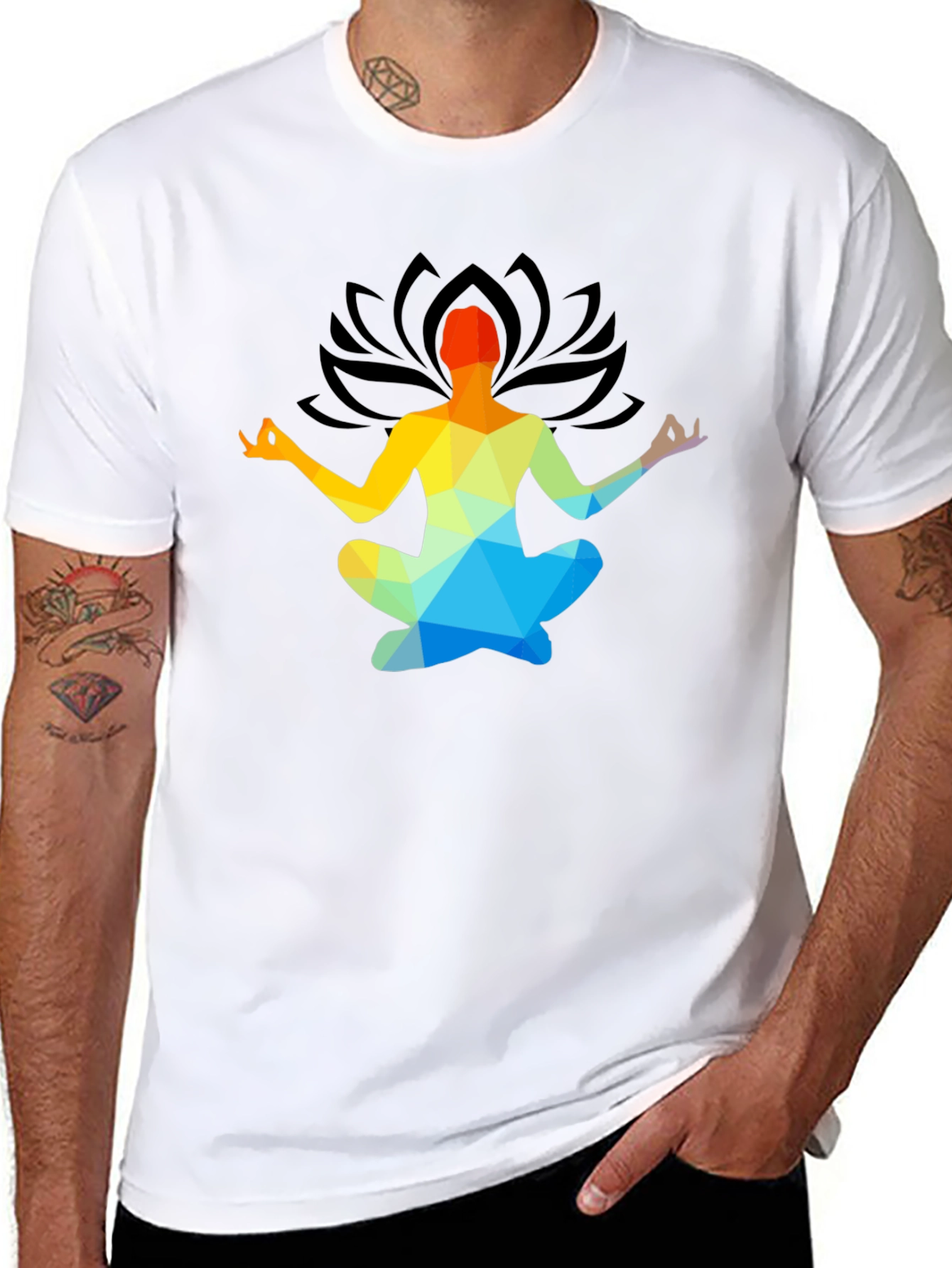 Black Meditative Geometric Lotus Pose T-Shirt view 8