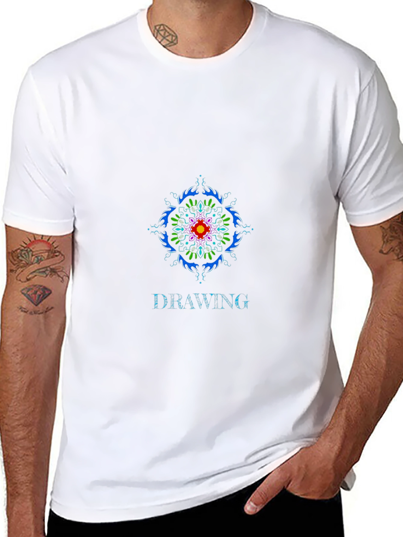 Black Drawing Graphic Tee: Colorful Mandala Design view 8