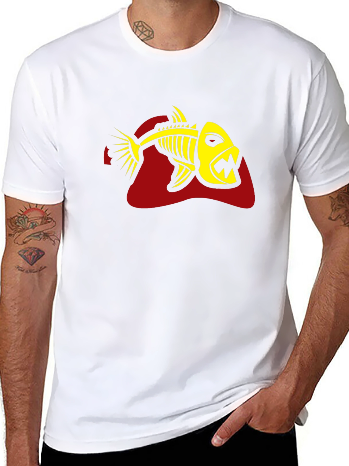 Black Men's Black T-Shirt - Yellow Fish Skeleton Graphic view 8