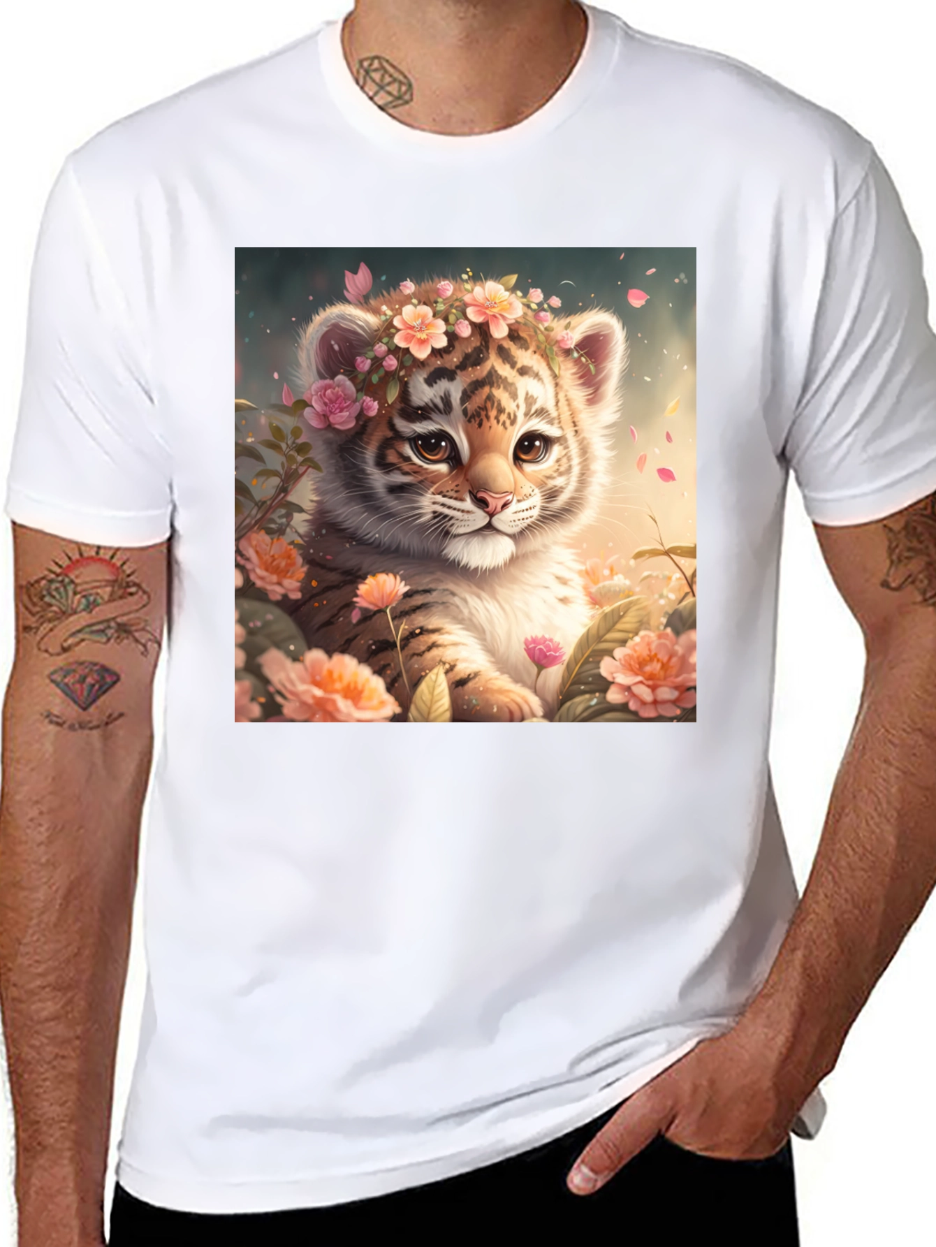 Black Cute Tiger Cub Floral T-Shirt view 8