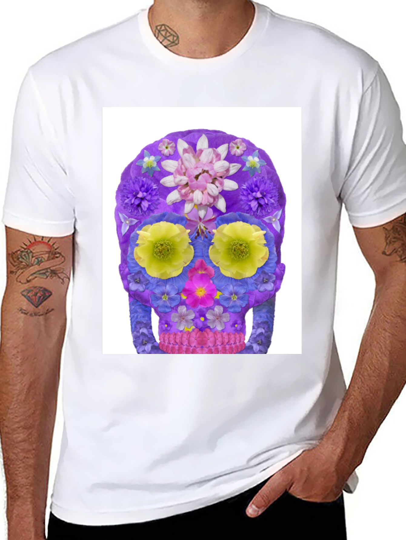 Black Floral Sugar Skull Graphic Tee - Black Cotton T-Shirt view 8