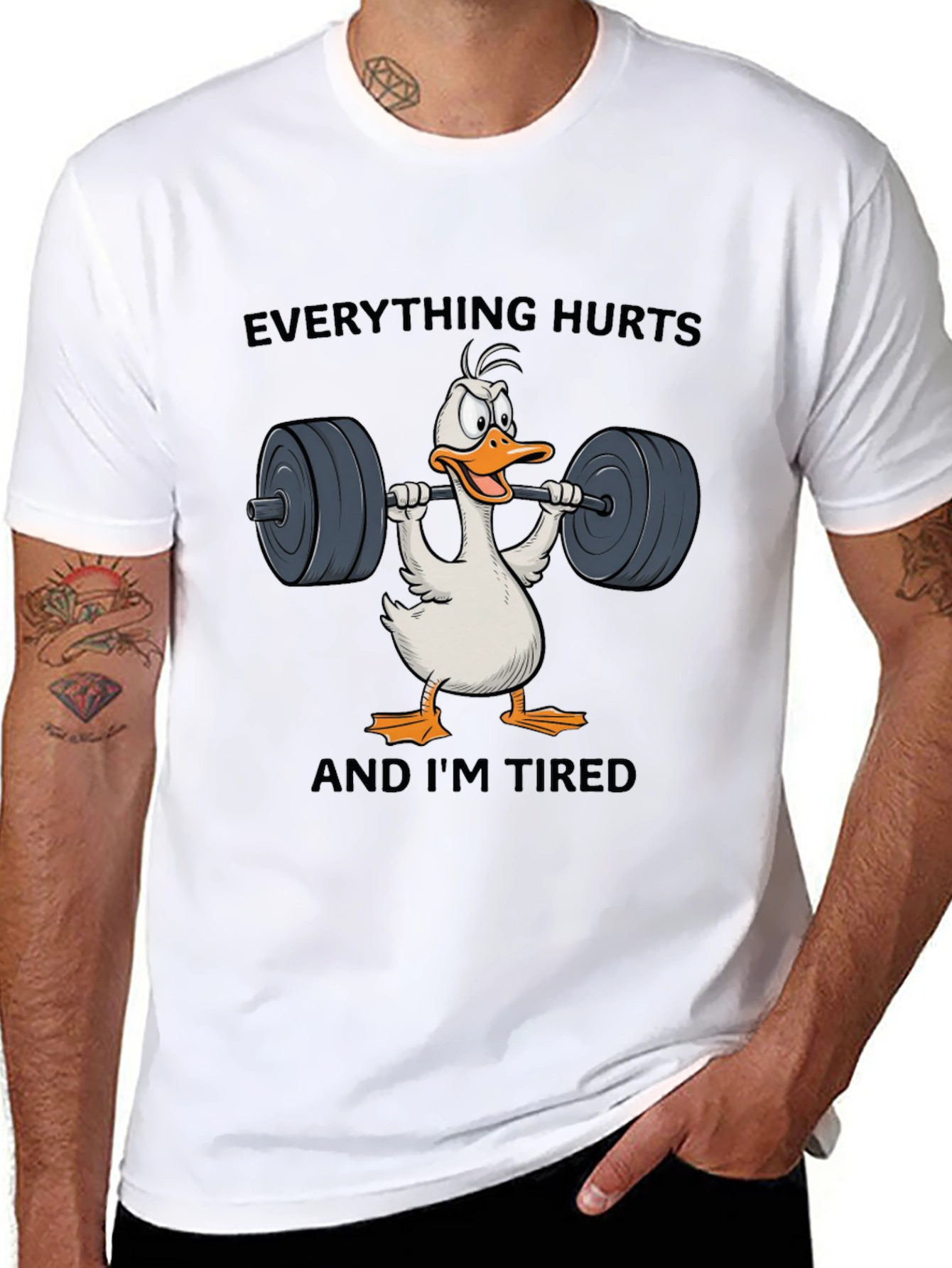 Black Funny Workout T-Shirt - Everything Hurts Duck view 8