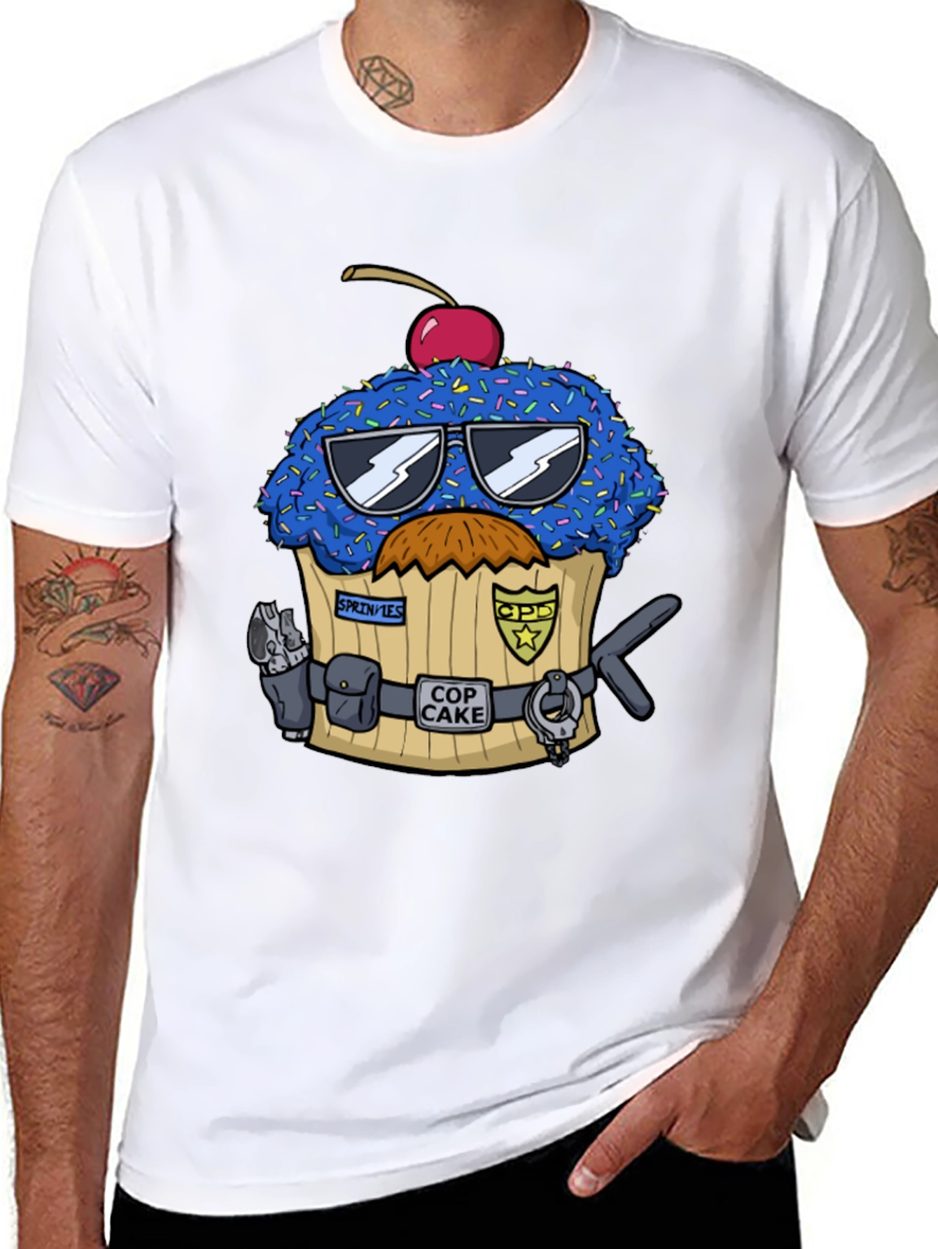 Black Cop Cake Graphic T-Shirt - Novelty Dessert Tee view 8