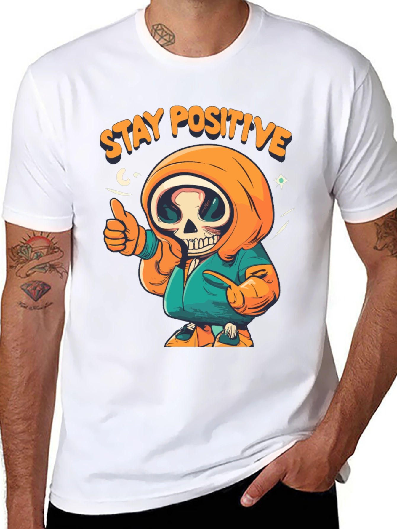 Black Stay Positive Graphic Tee - Skeleton Design view 8