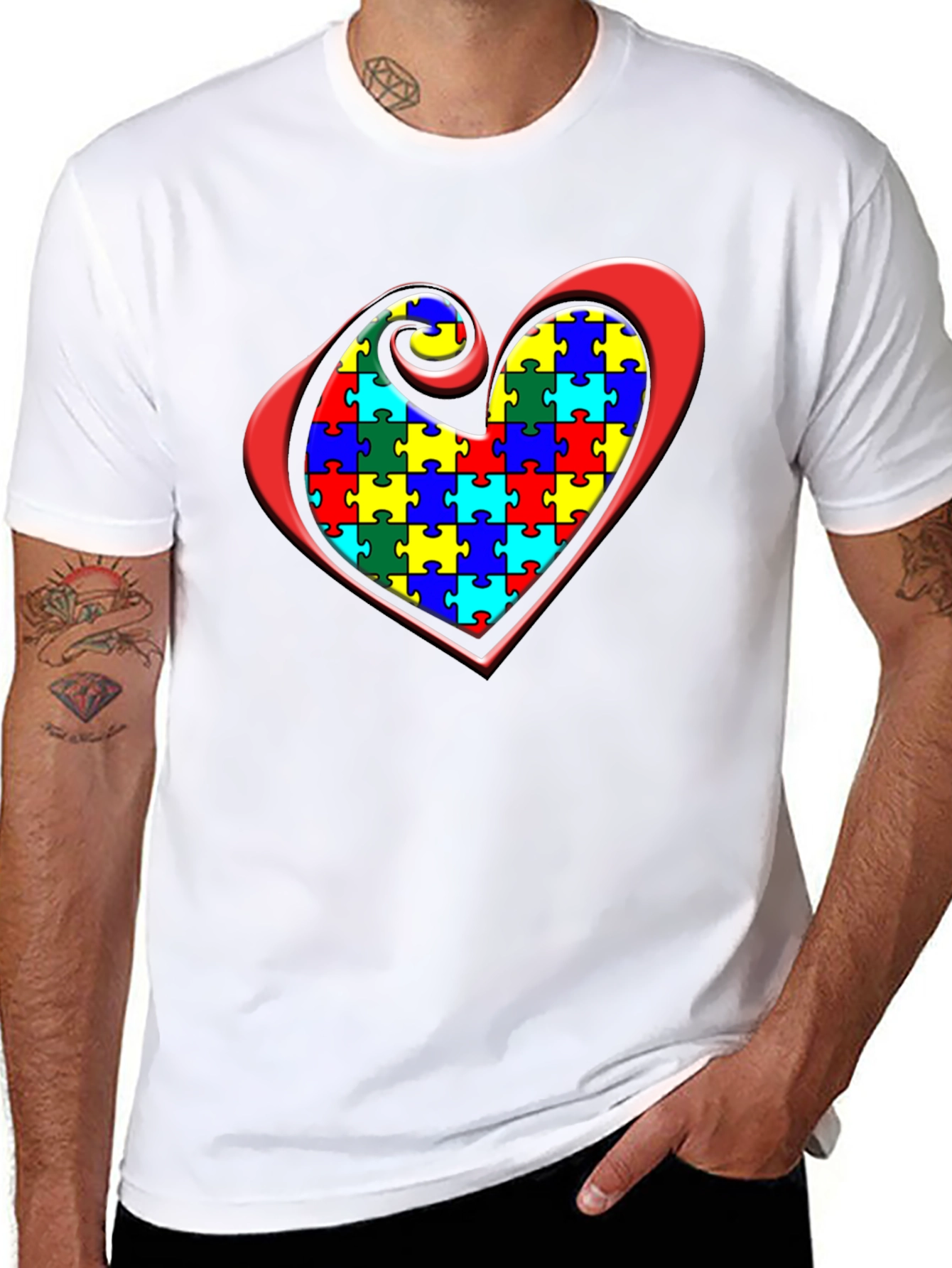 Black Autism Awareness Puzzle Heart Graphic Tee view 8