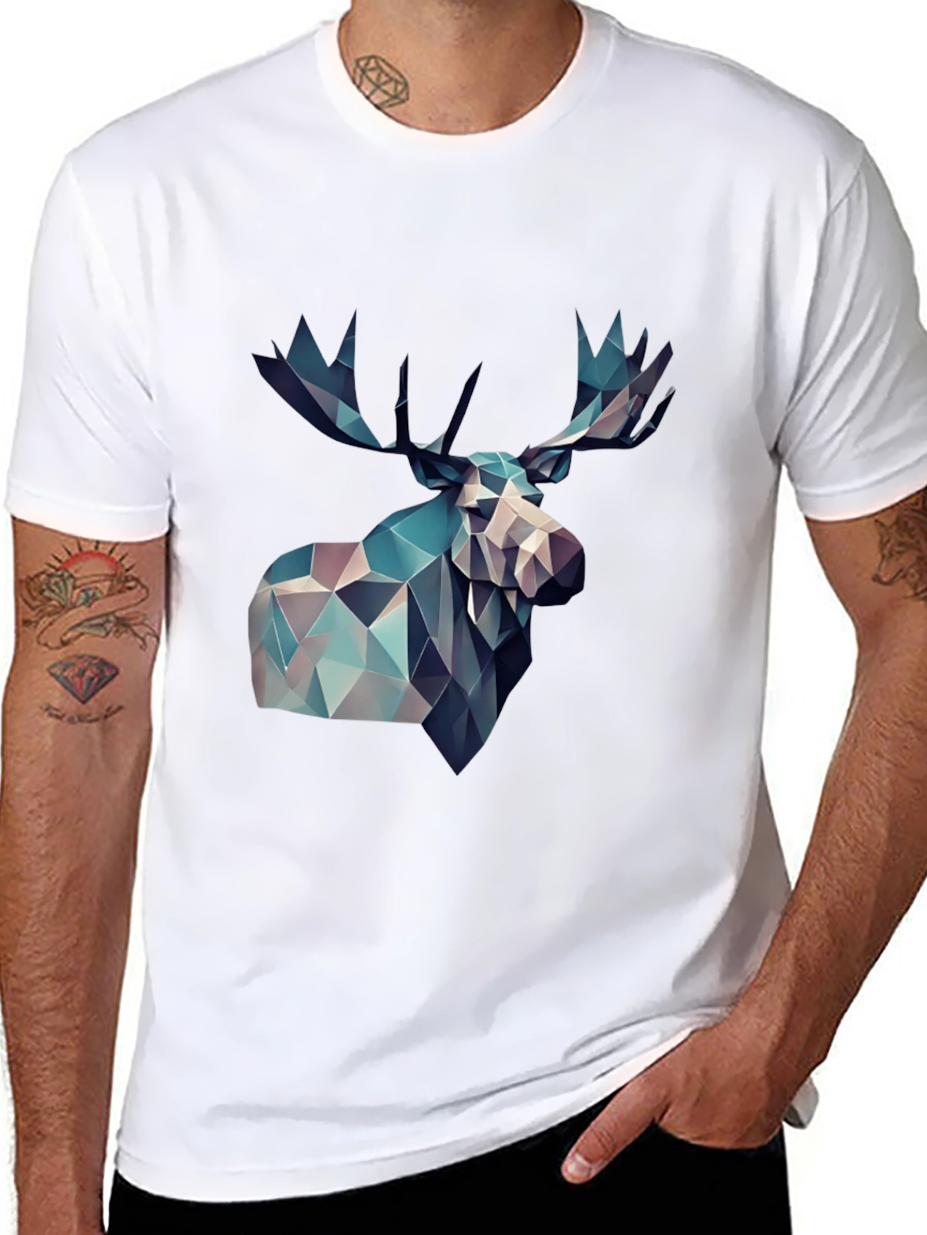Black Geometric Moose Graphic Print Black T-Shirt view 8