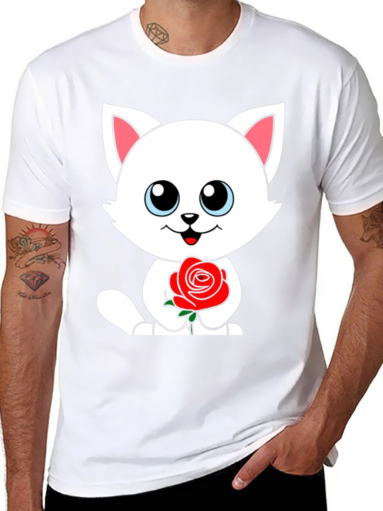 Black Cute Cat Rose Graphic Black T-Shirt view 8