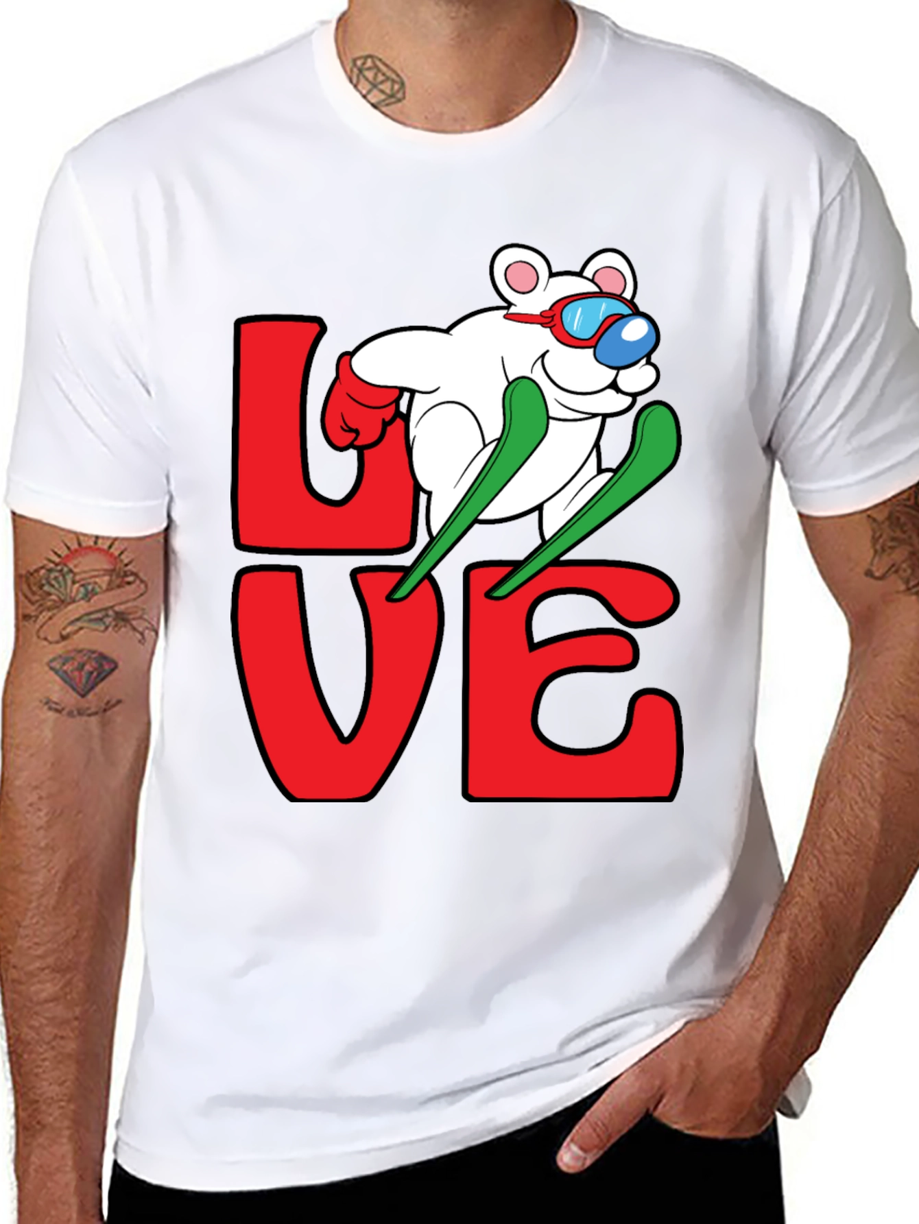 Black Skiing Bear Love Graphic Tee - Black Cotton T-Shirt view 8
