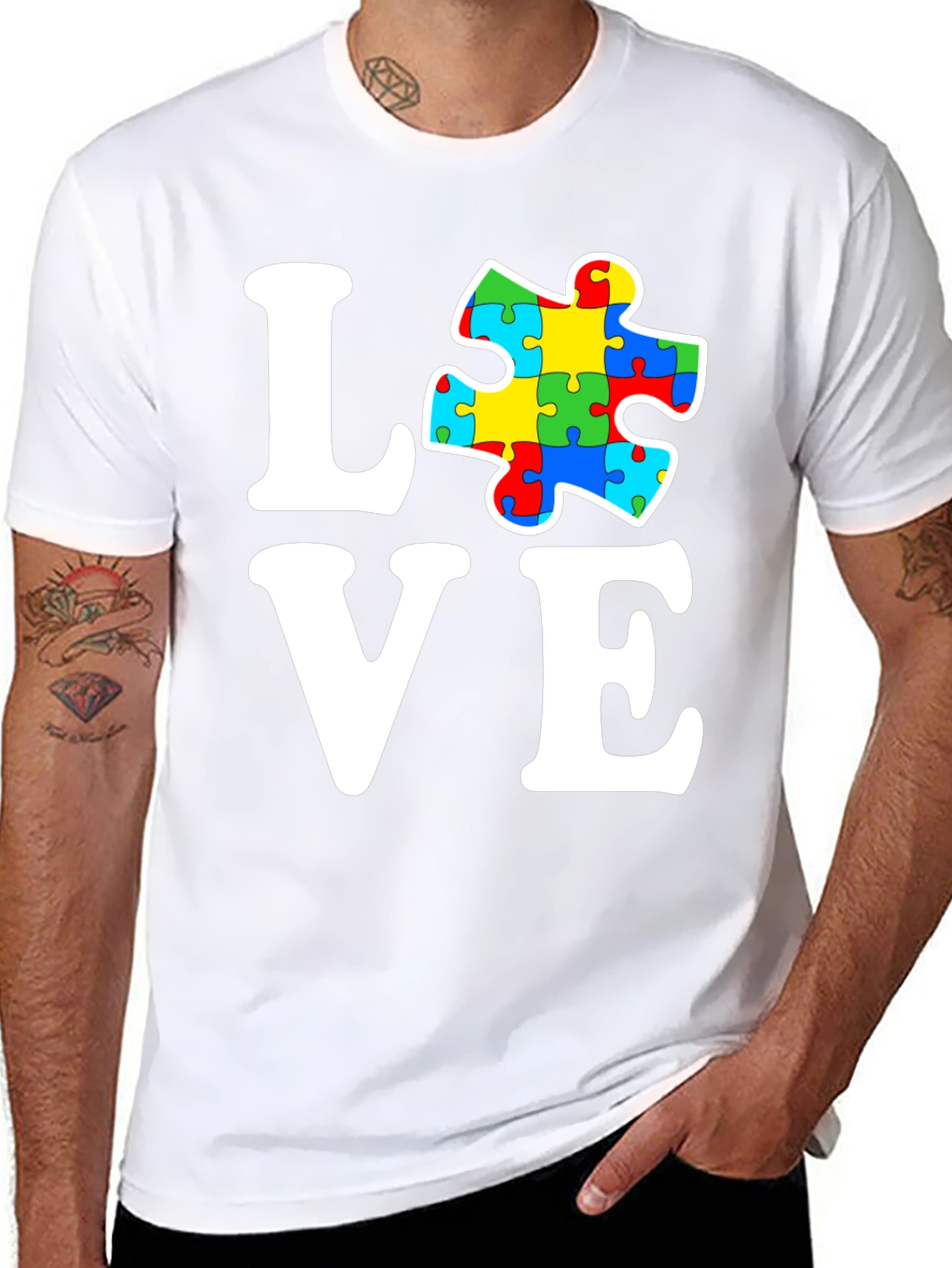 Black Autism Awareness Love Puzzle Piece Graphic T-Shirt view 8