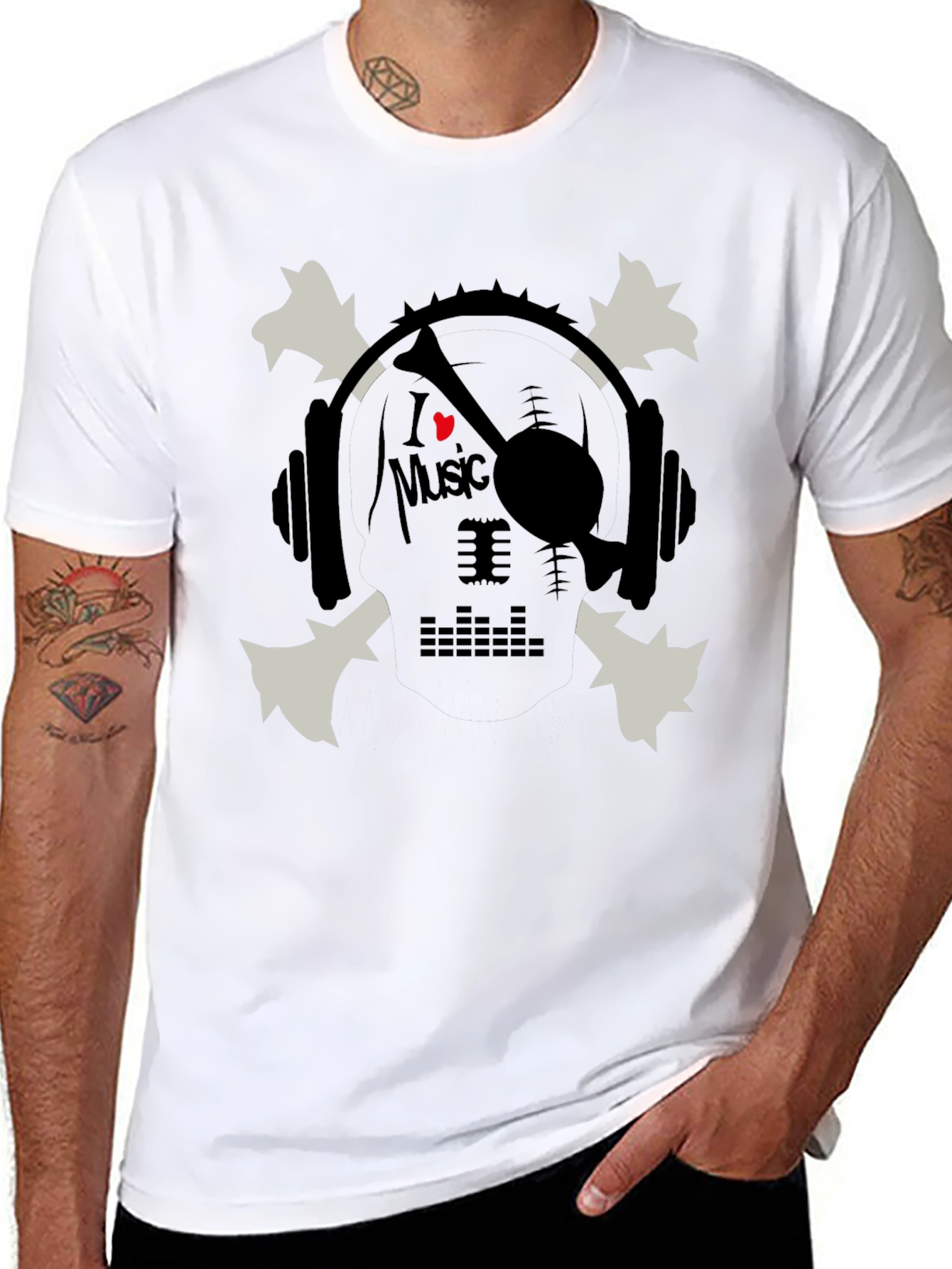 Black I Heart Music Skull & Headphones Graphic T-Shirt view 8