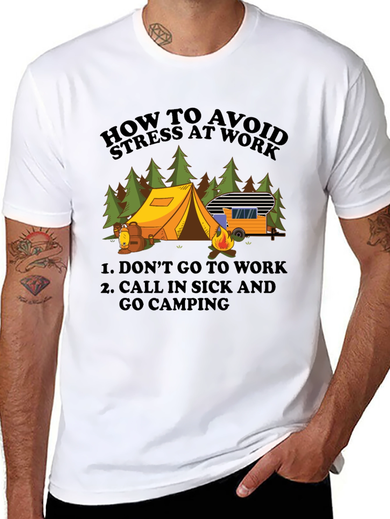 Black Avoid Stress Camping T-Shirt - Funny Vacation Tee view 8