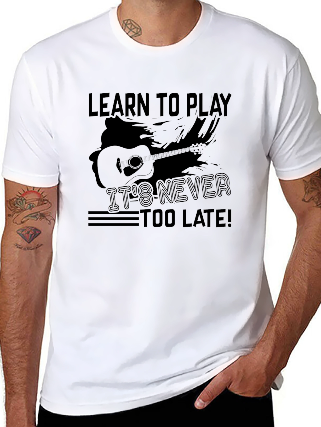 Black Learn to Play Guitar T-Shirt - It's Never Too Late! view 8