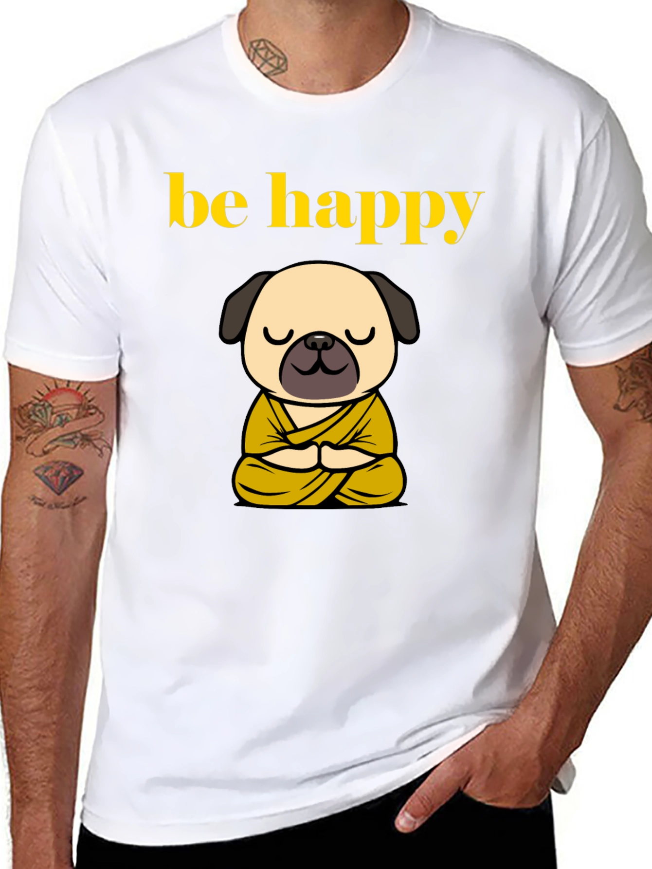 Black Be Happy Pug Buddha T-Shirt - Meditating Dog Tee view 8