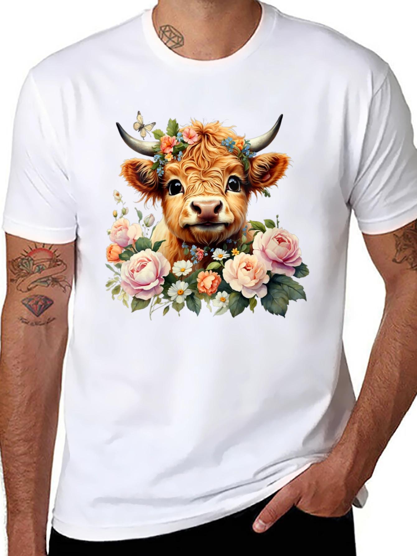 Black Cute Cow with Flowers Black T-Shirt view 8