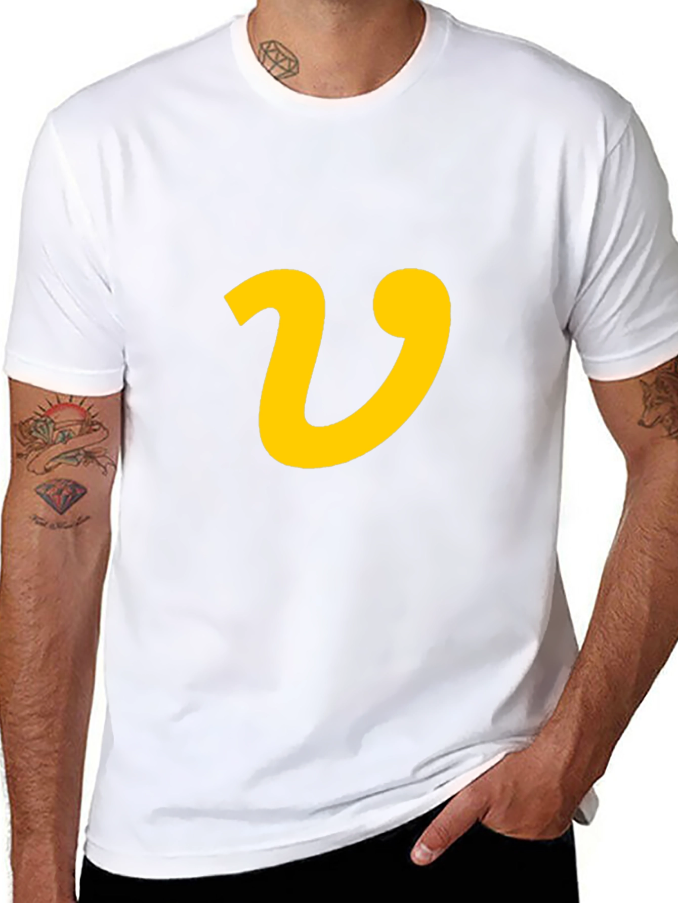 Black Black T-Shirt with Yellow Letter 'V' Graphic Print view 8
